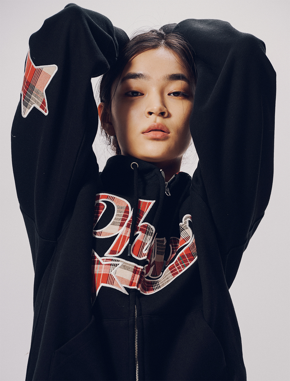 MUSINSA公式 | PHYPS Check Star Tail Elbow Patch Hoodie_Gray